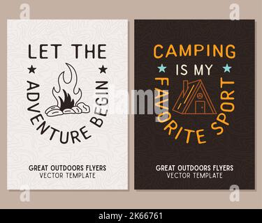 Modèles de circulaire de Camping. Affiches d'aventure de voyage avec art de ligne et emblèmes plats et citations - Laissez l'aventure commencer. Cartes été A4 pour l'extérieur Banque D'Images