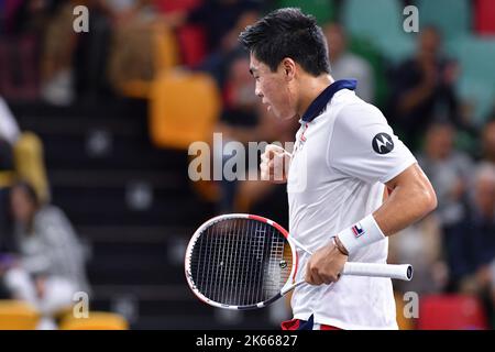 Pala Wanny, Florence, Italie, 11 octobre 2022, Brandon Nakashima des États-Unis célèbre la victoire lors de l'UniCredit Firenze Open - Round de 32 Banque D'Images