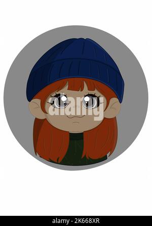 Jolie fille à cheveux rouges dans un chapeau bleu Illustration de Vecteur