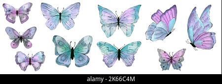 Ensemble de bleu aquarelle Butterfly, isolé sur fond blanc. Banque D'Images