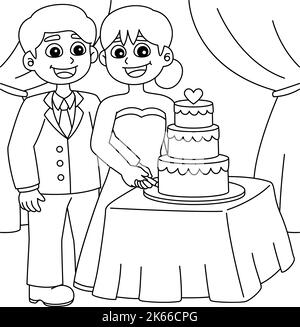 Mariage Groom et mariée Cutting Cake coloriage page Illustration de Vecteur