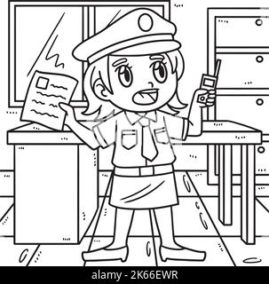 Page de coloriage de rapport de policewoman pour les enfants Illustration de Vecteur