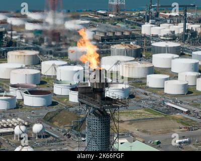 Antwerpen, 9th août 2022, Belgique. Torchage combustion de gaz d'échappement combustibles pendant la production de pétrole. Combustion de substances combustibles Banque D'Images