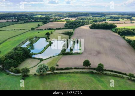 Vue aérienne des étangs à poissons dans les paysages de champs, Allemagne, Schleswig-Holstein, Linau Banque D'Images