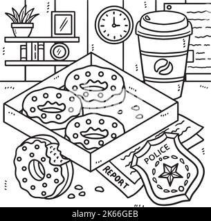 Badge de police, Donuts, page de coloriage du café Illustration de Vecteur