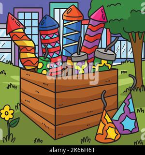 Feux d'artifice de la nouvelle année en dessin animé couleur Crate Illustration de Vecteur