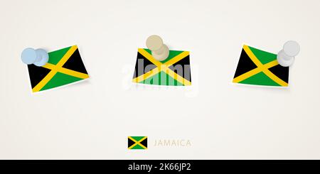Drapeau de la Jamaïque épinglé de différentes formes avec des coins torsadés. Vue de dessus des punaises vectorielles. Drapeau défini. Illustration de Vecteur