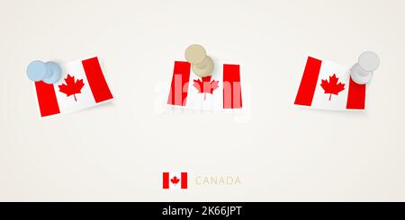 Drapeau du Canada épinglé de différentes formes avec coins torsadés. Vue de dessus des punaises vectorielles. Drapeau défini. Illustration de Vecteur