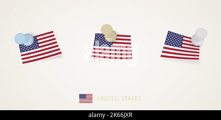 Drapeau des États-Unis épinglé de différentes formes avec coins torsadés. Vue de dessus des punaises vectorielles. Drapeau défini. Illustration de Vecteur