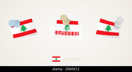 Drapeau du Liban épinglé de différentes formes avec des coins torsadés. Vue de dessus des punaises vectorielles. Drapeau défini. Illustration de Vecteur