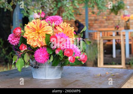 Roses, asters, dahilia en vase dans le jardin sur une table en bois. Jour ensoleillé. Design rural lumineux. Banque D'Images