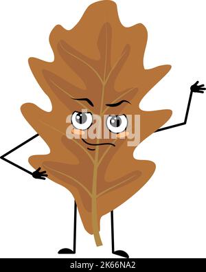 Le caractère de feuille de chêne avec les émotions d'un héros, un visage courageux, des bras et des jambes. Plante forestière de couleur brun d'automne. Illustration vectorielle plate Illustration de Vecteur