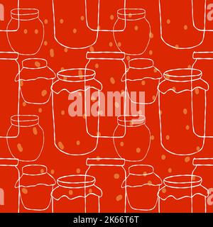 Motif transparent avec des pots blancs de confiture sur fond rouge Illustration de Vecteur