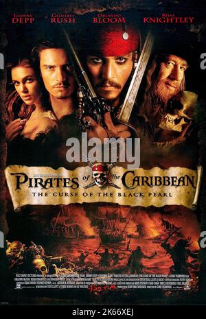 KEIRA KNIGHTLEY, Orlando Bloom, Johnny Depp, Geoffrey Rush, PIRATES DES CARAÏBES : LA MALÉDICTION DU BLACK PEARL, 2003 Banque D'Images