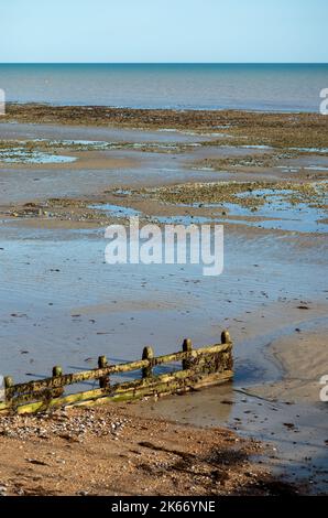 Une vue sur une groyne et Worthing Beach à marée basse prise de Worthing Pier, West Sussex, Royaume-Uni Banque D'Images