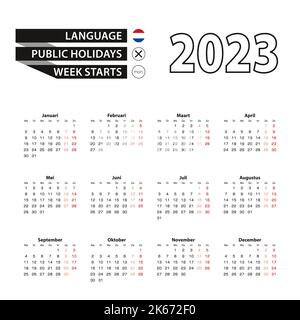 Calendrier 2023 en néerlandais, la semaine commence le lundi. Calendrier vectoriel 2023 ans. Illustration de Vecteur