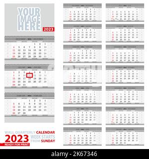 Calendrier trimestriel mural 2023. Début de la semaine à partir du dimanche, prêt pour l'impression. Illustration vectorielle. Illustration de Vecteur