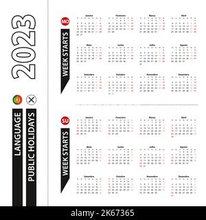 Deux versions du calendrier 2023 en portugais, la semaine commence à partir du lundi et la semaine commence à partir du dimanche. Modèle vectoriel. Illustration de Vecteur