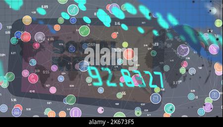 Image de graphiques, de connexions avec des icônes et de la carte du monde sur les réseaux sociaux sur smartphone Banque D'Images