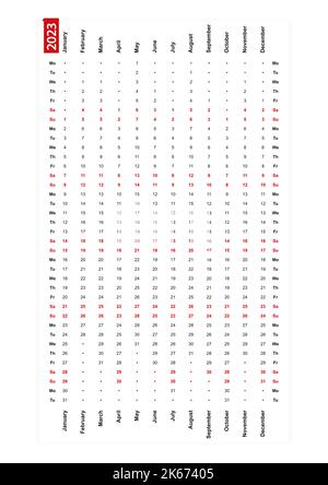 Une ligne calendrier vertical 2023, lundi premier jour de la semaine. Illustration vectorielle. Illustration de Vecteur