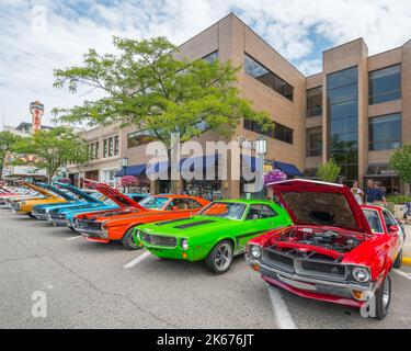 BIRMINGHAM, MI/USA - 16 AOÛT 2014 : six voitures AMC Javelin AMX, Woodward Dream Cruise. Banque D'Images