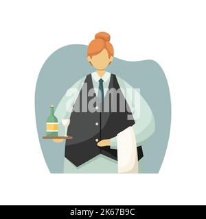 Illustration vectorielle d'un serveur en uniforme avec un plateau dans ses mains et une serviette. Profession. Illustration de Vecteur
