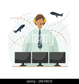 Illustration vectorielle d'un contrôleur de trafic aérien avec un casque sur sa tête devant les moniteurs. Profession. Dessin au trait Illustration de Vecteur