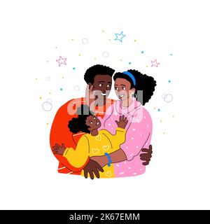 Mignon jeune couple de famille afro-américaine souriant en hiver chandails se embrassant les uns les autres et leur petite fille. Bien-être, parentalité, amour Illustration de Vecteur