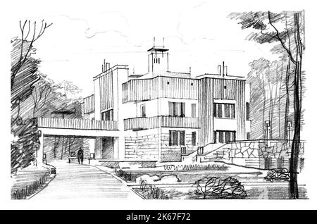 Esquisse architecturale d'un bâtiment. Dessin au crayon à main levée de la zone du pays. Vecteur Illustration de Vecteur