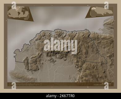 Hanovre, paroisse de la Jamaïque. Carte d'altitude colorée en tons sépia avec lacs et rivières. Lieux et noms des principales villes de la région. Angle auxi Banque D'Images