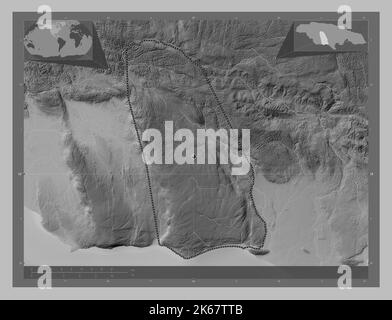 Manchester, paroisse de la Jamaïque. Carte d'altitude en niveaux de gris avec lacs et rivières. Cartes d'emplacement auxiliaire d'angle Banque D'Images