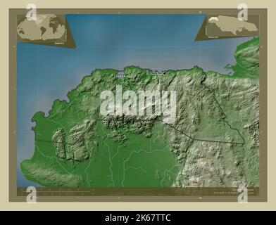 Hanovre, paroisse de la Jamaïque. Carte d'altitude colorée en style wiki avec lacs et rivières. Lieux et noms des principales villes de la région. Angle auxil Banque D'Images