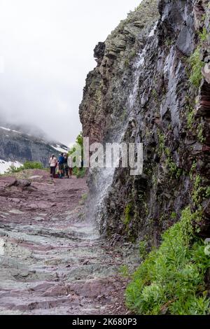 Montana, États-Unis - 4 juillet 2022 : un groupe de randonneurs se rassemblent sur le sentier du glacier de Grinnell après avoir traversé une chute d'eau dans le parc national des Glaciers Banque D'Images