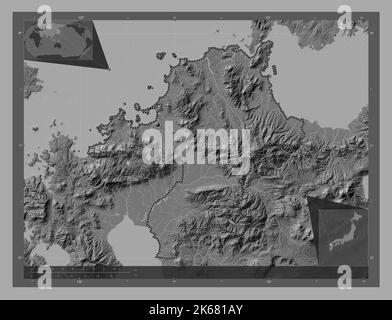Fukuoka, préfecture du Japon. Carte d'altitude à deux niveaux avec lacs et rivières. Cartes d'emplacement auxiliaire d'angle Banque D'Images