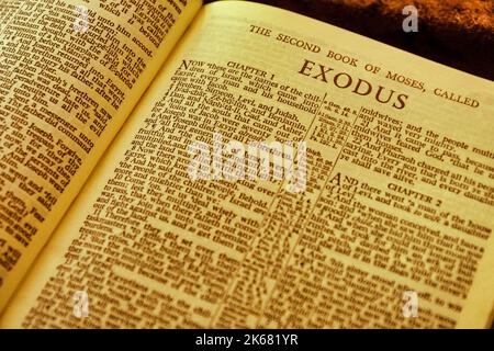 Gros plan de la page antique de la Sainte Bible, faible profondeur de champ avec foyer sur le titre de chapitre, Exode Banque D'Images