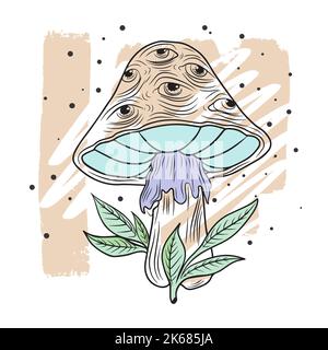 Champignon magique avec les yeux et les feuilles, dessin de contour, graphiques, traits, couleurs pastel, style doodle Illustration de Vecteur