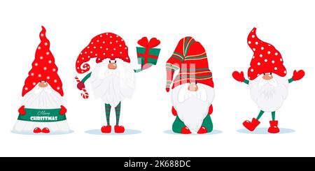 Trois jolis gnomes de Noël. Caractères vectoriels de style plat. Ensemble de nains de Noël avec illustration de bonbons cadeaux Illustration de Vecteur