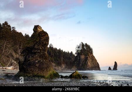 WA22194-00...WASHINGTON - coucher de soleil à la plage de Mosquito Creek sur la côte sauvage dans le parc national olympique. Banque D'Images