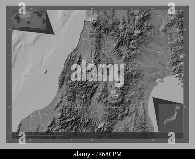 Yamagata, préfecture du Japon. Carte d'altitude à deux niveaux avec lacs et rivières. Cartes d'emplacement auxiliaire d'angle Banque D'Images