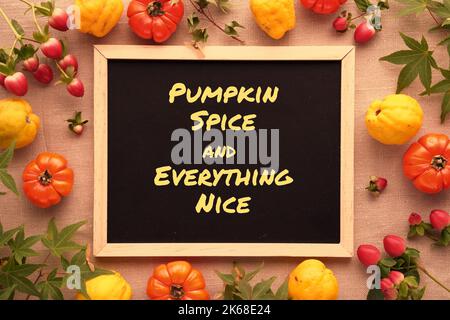 Couchée à plat d'automne, cadre fait de coing, citrouilles d'orange, feuilles d'érable, baies rouges sur toile de lin naturelle et fond de papier beige. Simple Banque D'Images