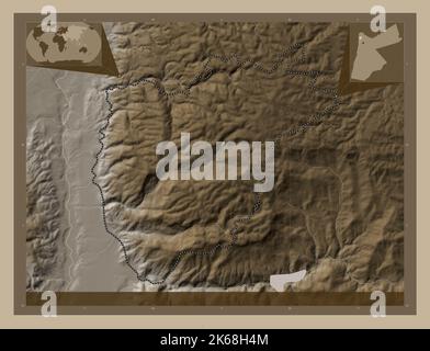 Ajlun, province de Jordanie. Carte d'altitude colorée en tons sépia avec lacs et rivières. Cartes d'emplacement auxiliaire d'angle Banque D'Images