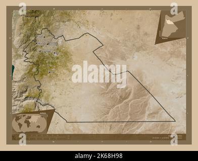 Amman, province de Jordanie. Carte satellite basse résolution. Lieux et noms des principales villes de la région. Cartes d'emplacement auxiliaire d'angle Banque D'Images