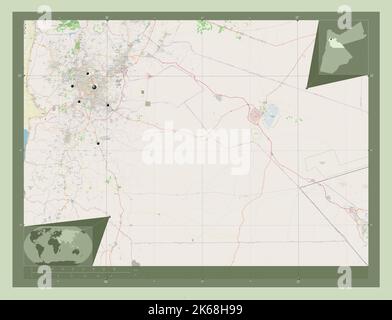 Amman, province de Jordanie. Ouvrez la carte des rues. Lieux des principales villes de la région. Cartes d'emplacement auxiliaire d'angle Banque D'Images