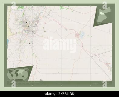 Amman, province de Jordanie. Ouvrez la carte des rues. Lieux et noms des principales villes de la région. Cartes d'emplacement auxiliaire d'angle Banque D'Images