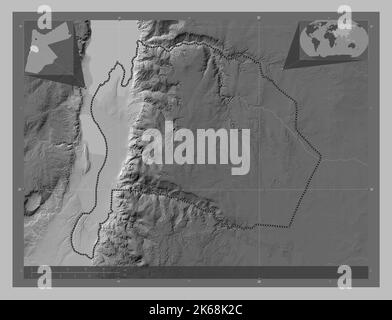 Karak, province de Jordanie. Carte d'altitude en niveaux de gris avec lacs et rivières. Cartes d'emplacement auxiliaire d'angle Banque D'Images