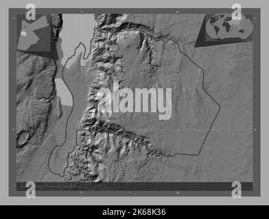 Karak, province de Jordanie. Carte d'altitude à deux niveaux avec lacs et rivières. Cartes d'emplacement auxiliaire d'angle Banque D'Images