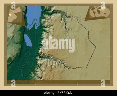 Karak, province de Jordanie. Carte d'altitude en couleur avec lacs et rivières. Cartes d'emplacement auxiliaire d'angle Banque D'Images