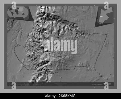 Tafilah, province de Jordanie. Carte d'altitude à deux niveaux avec lacs et rivières. Lieux et noms des principales villes de la région. Emplacement auxiliaire du coin Banque D'Images