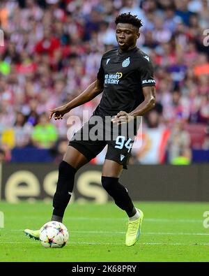 Madrid, Espagne. 12th octobre 2022. Abakar Sylla du Club Brugge KV pendant le match de la Ligue des champions de l'UEFA, le groupe B entre l'Atlético de Madrid et le Club Brugge KV a joué au stade Civitas Metropolitano sur 12 octobre 2022 à Madrid, en Espagne. (Photo de Juan Barbosa/PRESSIN) Credit: PRESSINPHOTO SPORTS AGENCY/Alay Live News Banque D'Images