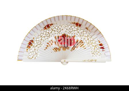 Ventilateur à main ouverte blanc espagnol, décoré de motifs floraux, isolé sur fond blanc Banque D'Images